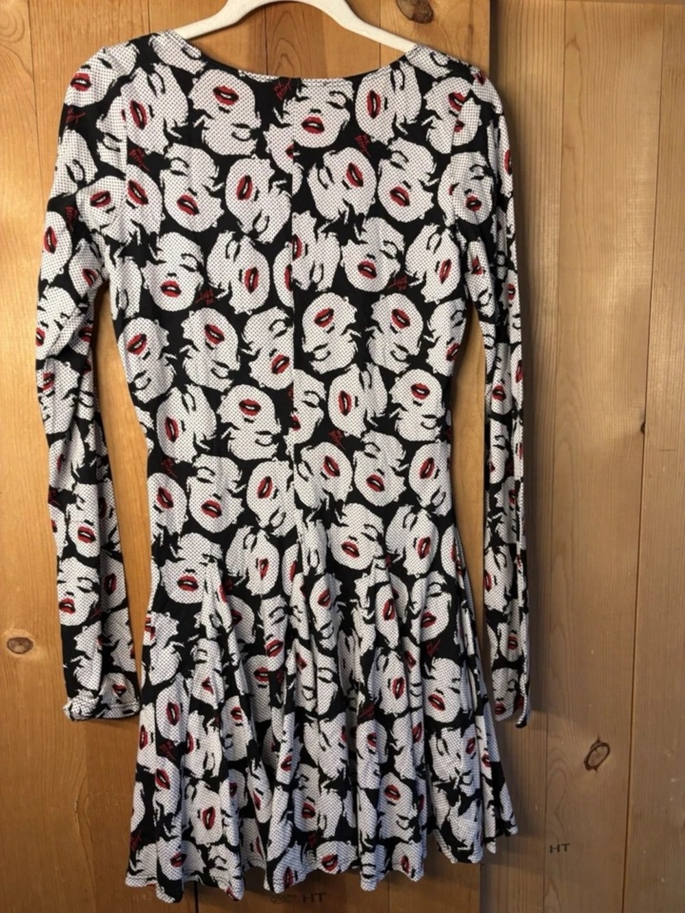 Betsey Johnson Black & White Pop-Art Face Print Midi Dress with Red Lips - Picture 8 of 15